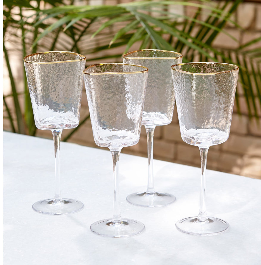 Hammered Footed Wine Glasses, Clear with Gold Rim S/4