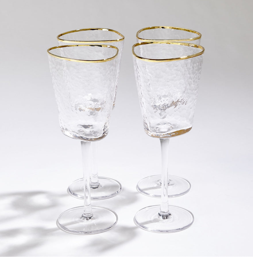 Hammered Footed Wine Glasses, Clear with Gold Rim S/4