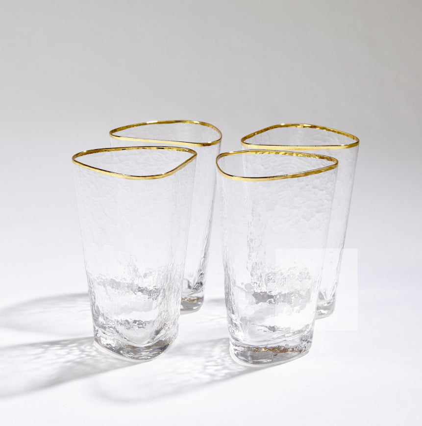Hammered High Ball Glasses Clear with Gold Rim S/4