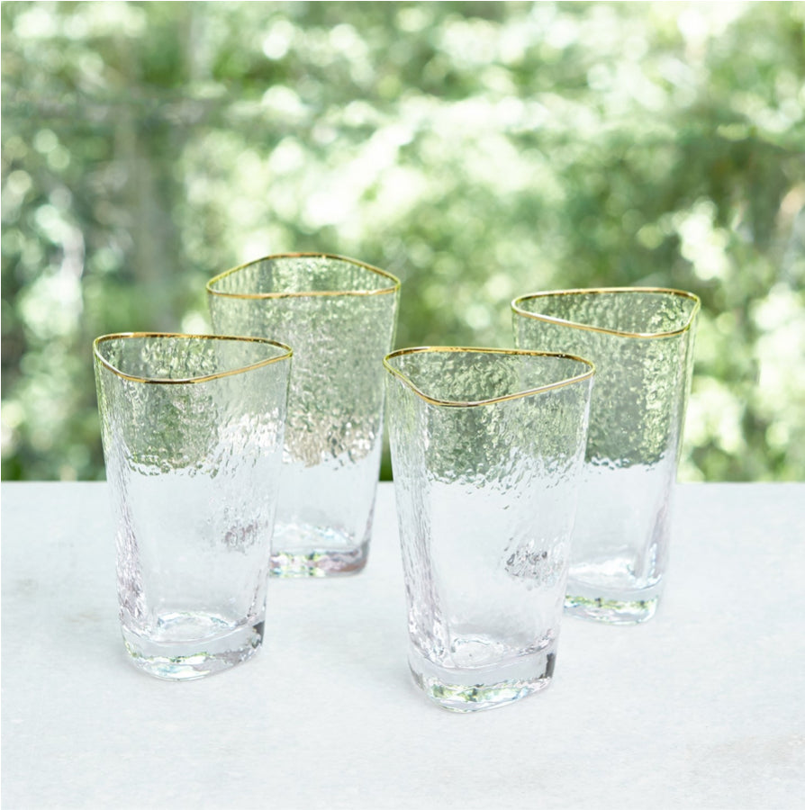 Hammered High Ball Glasses Clear with Gold Rim S/4
