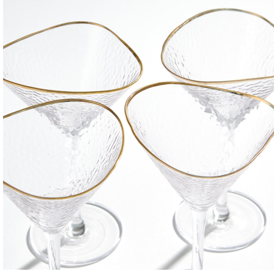 Hammered Martini Glasses with Gold Rim S/4