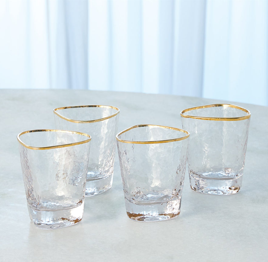 Hammered Water Glasses Clear with Gold Rim S/4