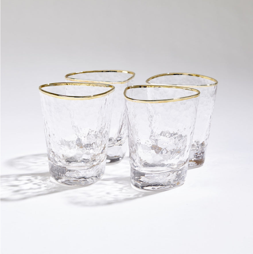 Hammered Water Glasses Clear with Gold Rim S/4